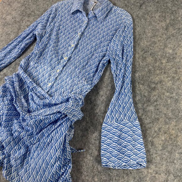 Free People Rillo Blue Beach Shirt Dress Size Small Long Bell Sleeve Wrap - Picture 6 of 11